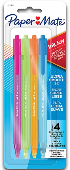 Paper Mate InkJoy 100RT Ballpoint Pens, Medium Point (1.0mm), Assorted Fashion Colors, 4 Count