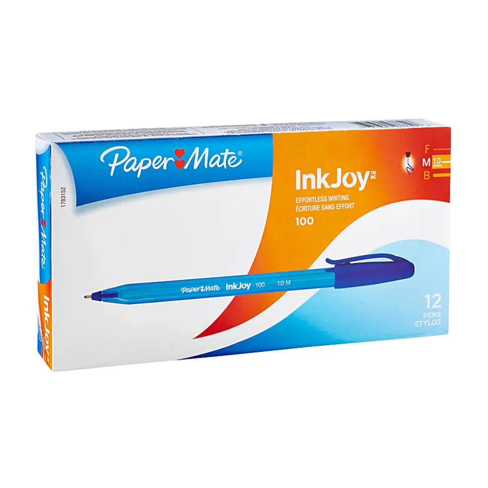 Paper Mate® InkJoy 100 Stick Pens, Medium Point, 1.0 mm, Translucent Blue Barrels, Blue Ink, Pack Of 12 Pens