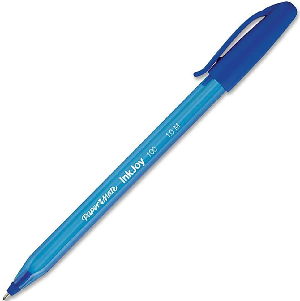 Paper Mate® InkJoy 100 Stick Pens, Medium Point, 1.0 mm, Translucent Blue Barrels, Blue Ink, Pack Of 12 Pens
