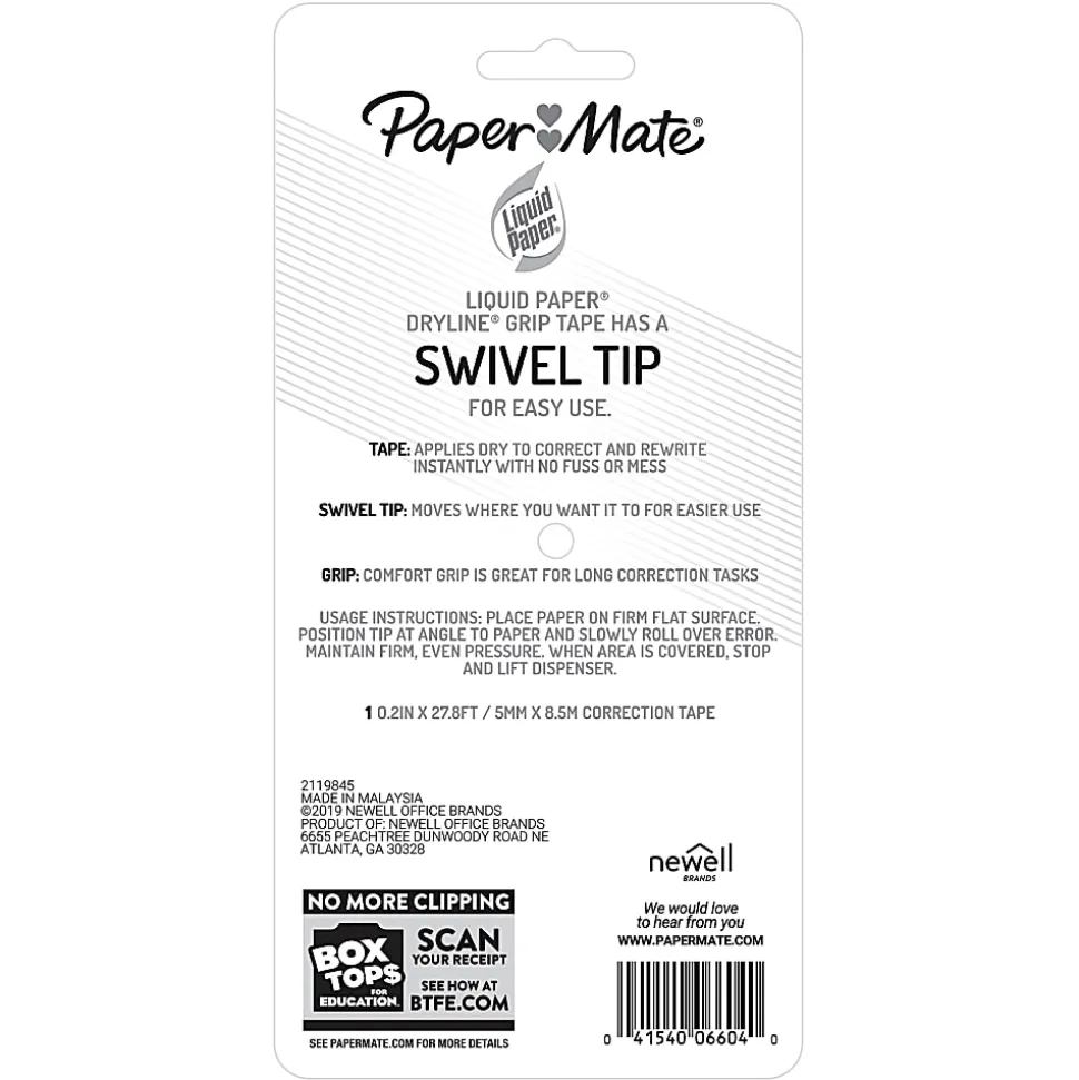 Paper Mate® Liquid Paper® DryLine® Grip Correction Tape, 1/5" x 334 4/5", White