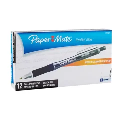 Paper MateĀ® ProfileĀ® Elite Retractable Ballpoint Pens, Bold Point, 1.4 mm, Black Barrel, Black Ink, Pack Of 12