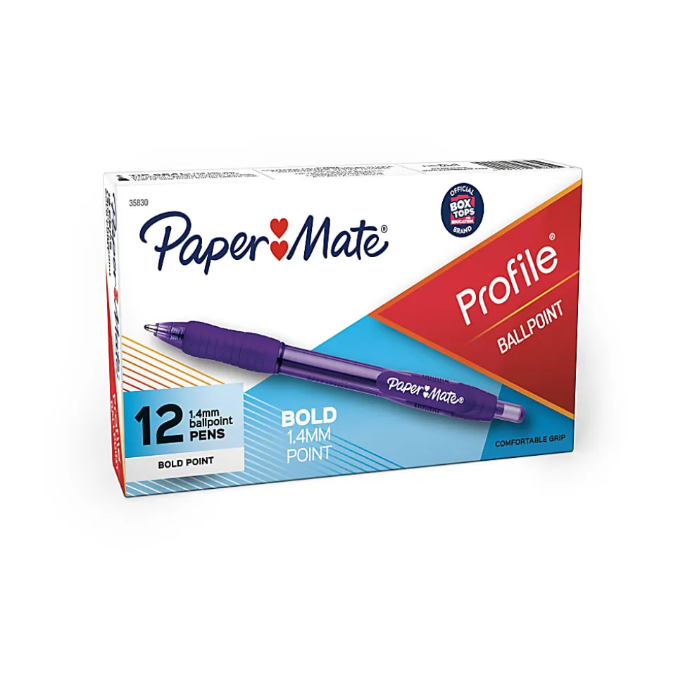 Paper Mate® Profile™ Retractable Ballpoint Pens, Bold Point, 1.4 mm, Translucent Purple Barrel, Purple Ink, Pack Of 12