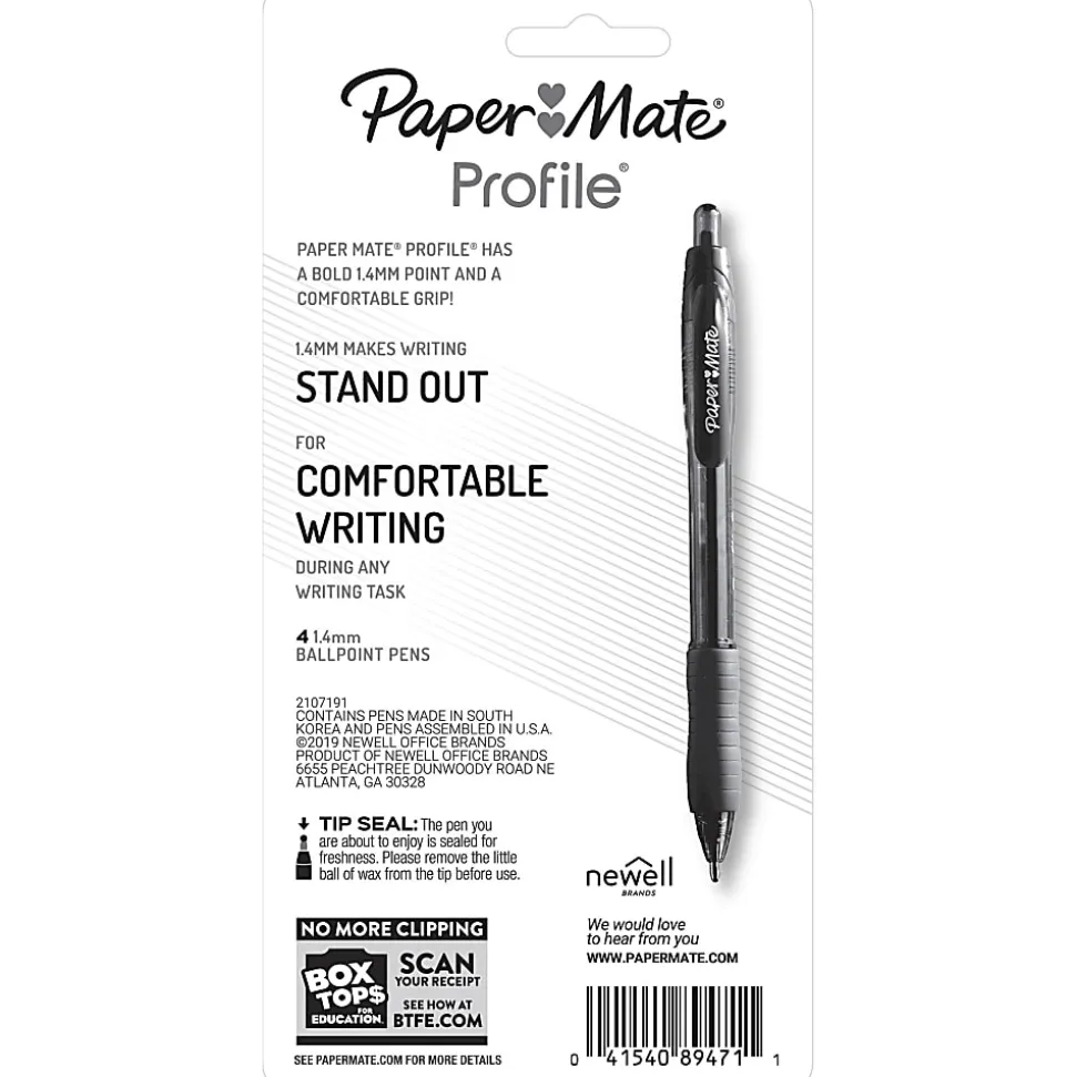 Paper Mate® Profile™ Retractable Ballpoint Pens, Bold Point, 1.4 mm, Translucent Barrel, Black Ink, Pack Of 4 Pens