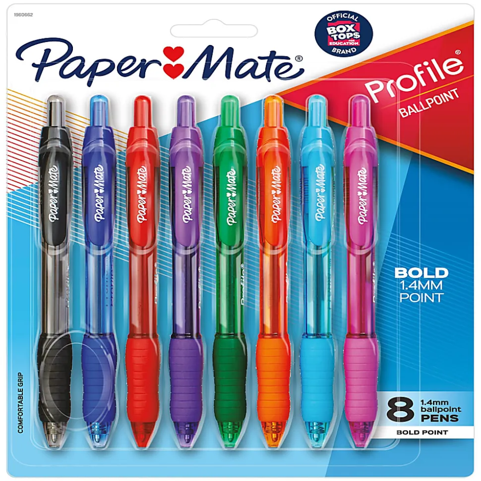 Paper Mate® Profile™ Retractable Ballpoint Pens, Bold Point, 1.4 mm, Assorted Translucent Barrel, Assorted Ink Colors, Pack Of 8
