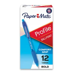 Paper Mate® Profile™ Retractable Ballpoint Pens, Bold Point, 1.4 mm, Translucent Barrel, Blue Ink, Pack Of 12