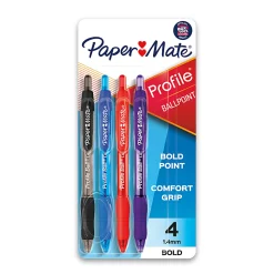 Paper Mate® Profile⢠Retractable Ballpoint Pens, Bold Point, 1.4 mm, Translucent Barrel, Assorted Ink Colors, Pack Of 4