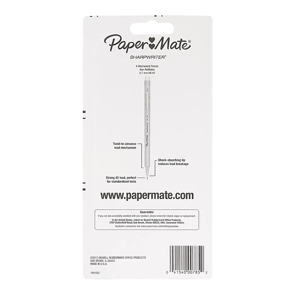 Paper Mate® Sharpwriter Mechanical Pencils, #2 Lead, 0.7 mm, Assorted Barrel Colors, Pack Of 6