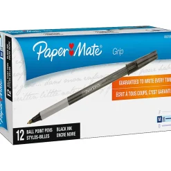 Paper Mate® Write Bros.® Grip Ballpoint Stick Pens, Medium Point, 1.0 mm, Black Barrel, Black Ink, Pack Of 12