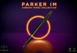Parker IM Ballpoint Pen, Medium Point, 0.7 mm, Satin Black/Flame Orange Barrel, Blue Ink