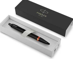 Parker IM Ballpoint Pen, Medium Point, 0.7 mm, Satin Black/Flame Orange Barrel, Blue Ink