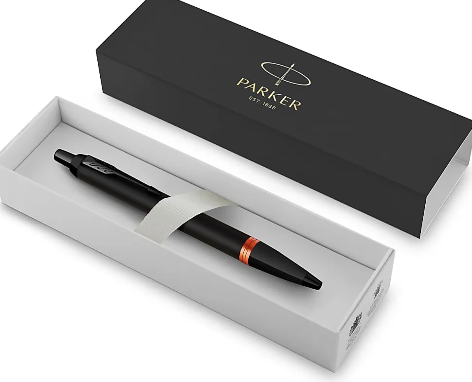 Parker IM Ballpoint Pen, Medium Point, 0.7 mm, Satin Black/Flame Orange Barrel, Blue Ink