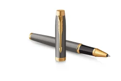 PARKER IM Rollerball Pen, Grey Lacquer with Gold Trims, Fine Stainless Steel Point, Black Ink Refill, Gift Box