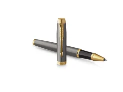 PARKER IM Rollerball Pen, Grey Lacquer with Gold Trims, Fine Stainless Steel Point, Black Ink Refill, Gift Box