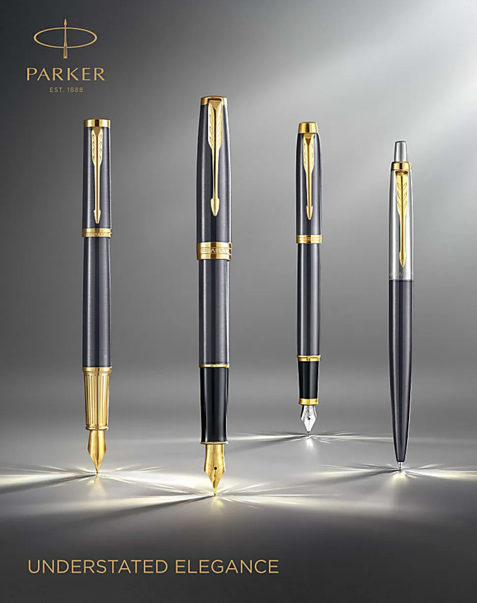 PARKER IM Rollerball Pen, Grey Lacquer with Gold Trims, Fine Stainless Steel Point, Black Ink Refill, Gift Box