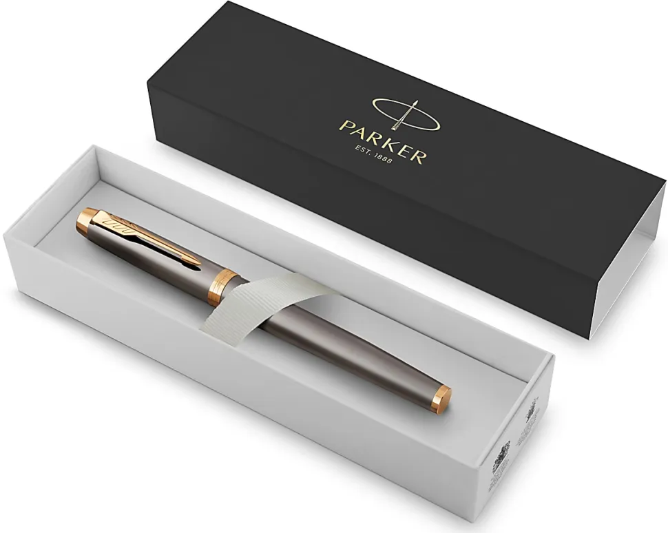 PARKER IM Rollerball Pen, Grey Lacquer with Gold Trims, Fine Stainless Steel Point, Black Ink Refill, Gift Box