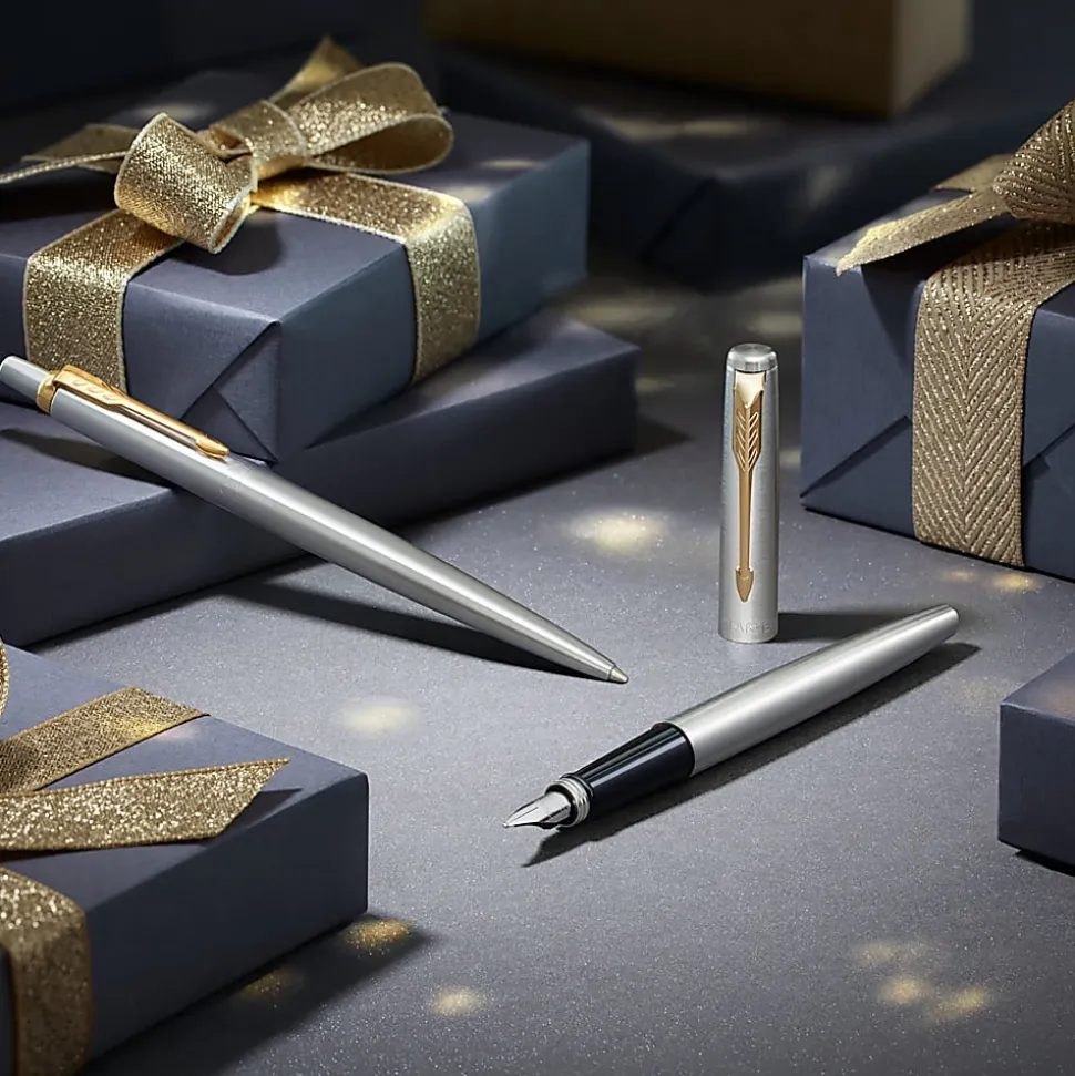 Parker Jotter Duo Gift Set with Ballpoint Pen & Fountain Pen, Stainless Steel with Gold Trim, Blue Ink Refill & Cartridges, Gift Box
