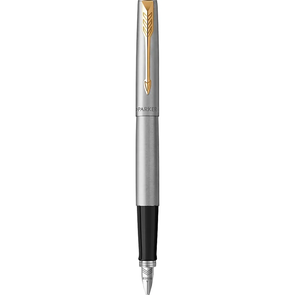 Parker Jotter Duo Gift Set with Ballpoint Pen & Fountain Pen, Stainless Steel with Gold Trim, Blue Ink Refill & Cartridges, Gift Box