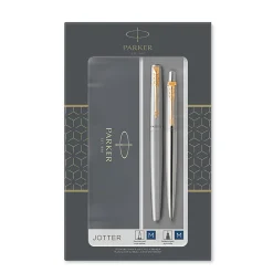 Parker Jotter Duo Gift Set with Ballpoint Pen & Fountain Pen, Stainless Steel with Gold Trim, Blue Ink Refill & Cartridges, Gift Box