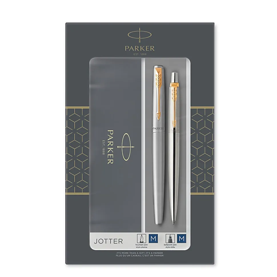Parker Jotter Duo Gift Set with Ballpoint Pen & Fountain Pen, Stainless Steel with Gold Trim, Blue Ink Refill & Cartridges, Gift Box