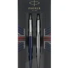 Parker® Jotter London Duo Pen Set, Medium Point, Blue/Stainless Steel Barrel, Blue/Black Ink, Set of 2 Pens