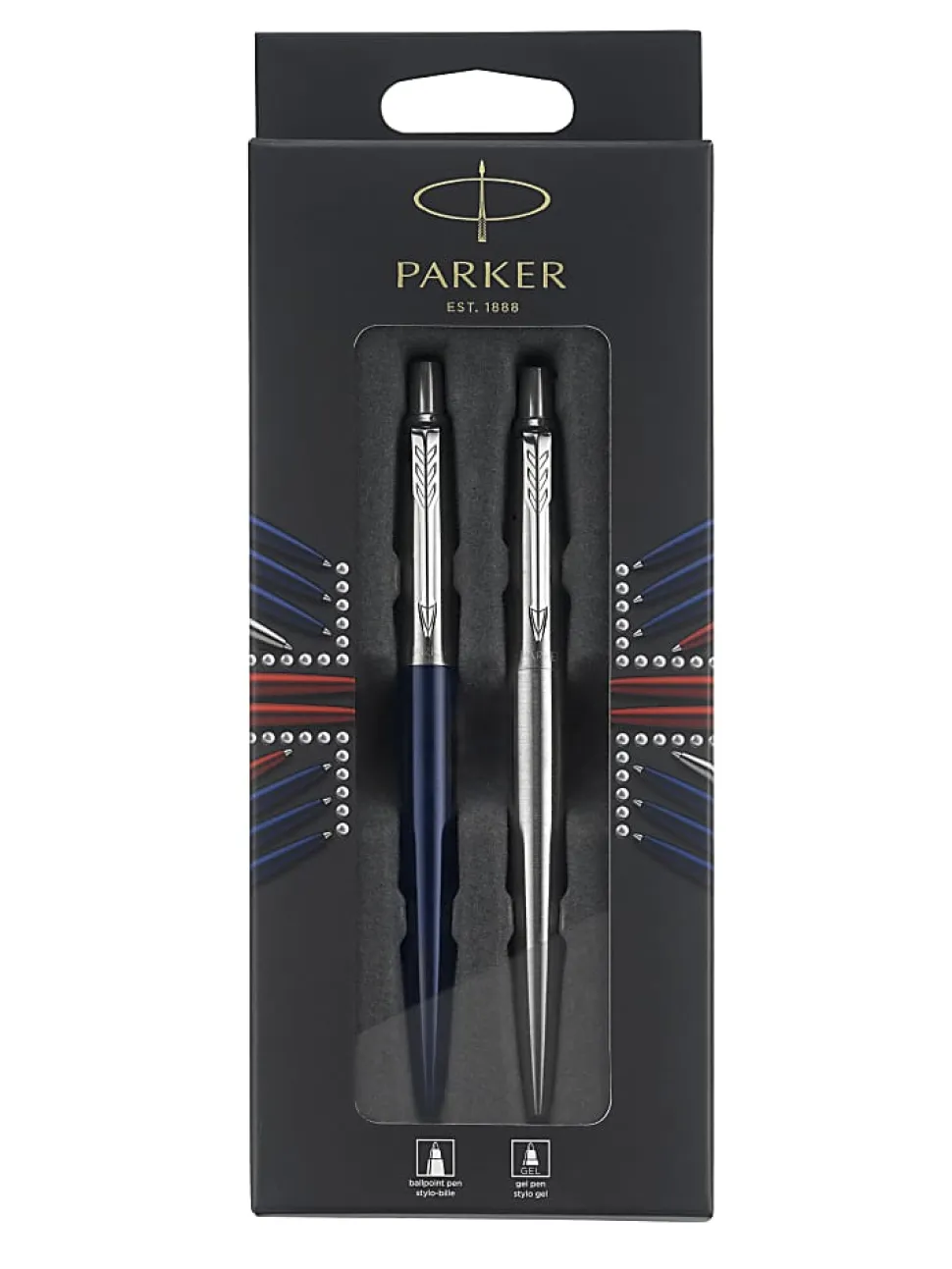 Parker® Jotter London Duo Pen Set, Medium Point, Blue/Stainless Steel Barrel, Blue/Black Ink, Set of 2 Pens