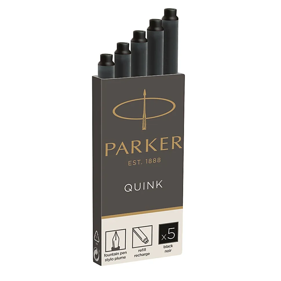 Parker® Quink Fountain Pen Replacement Ink Cartridges, Black, Pack Of 5 Cartridges