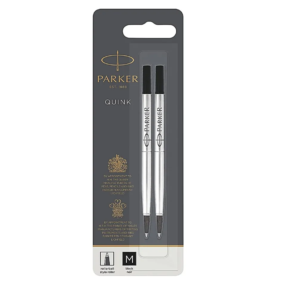 Parker® Rollerball Pen Refill, Medium Point, 0.7 mm, Black, Pack Of 2