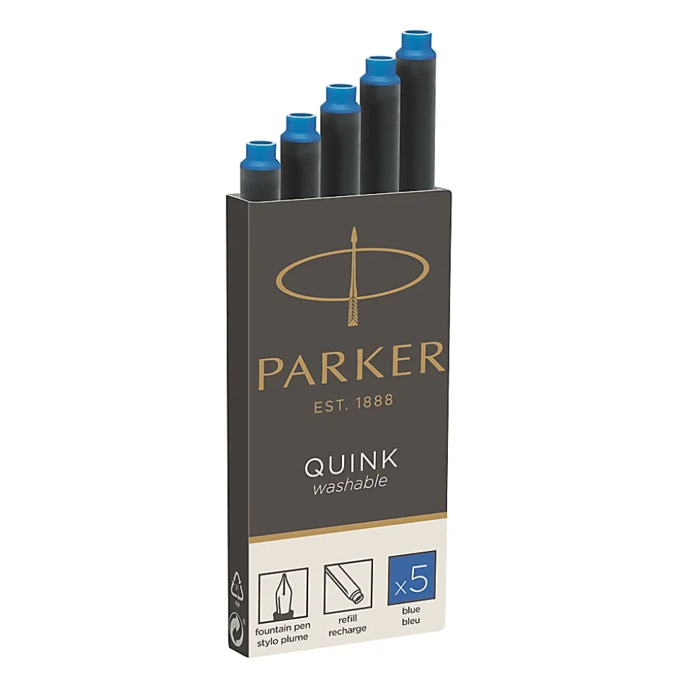 Parker Washable Ink Cartridges, Blue Ink, Pack Of 5