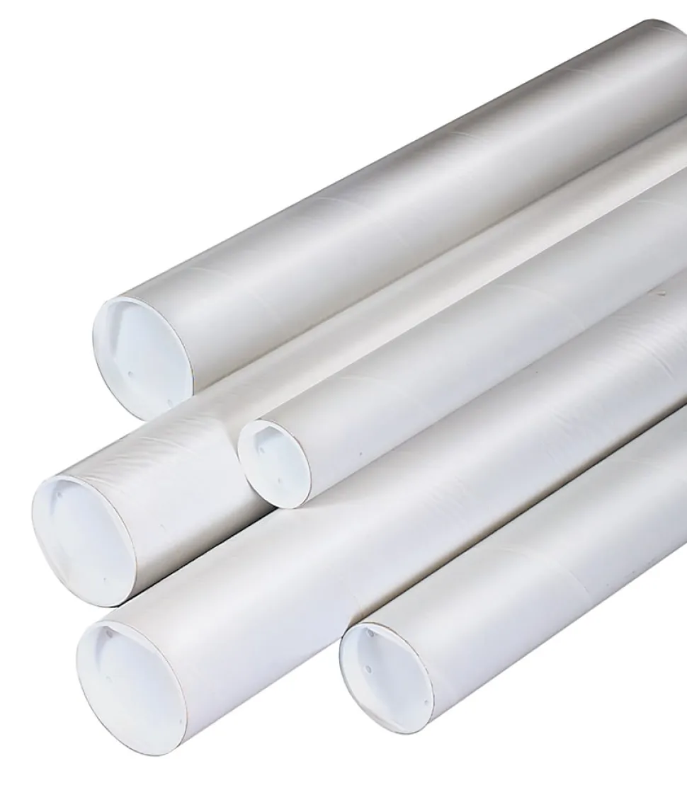 Partners Brand White Mailing Tubes With Plastic Endcaps, 2" x 36", 80% Recycled, Pack Of 50