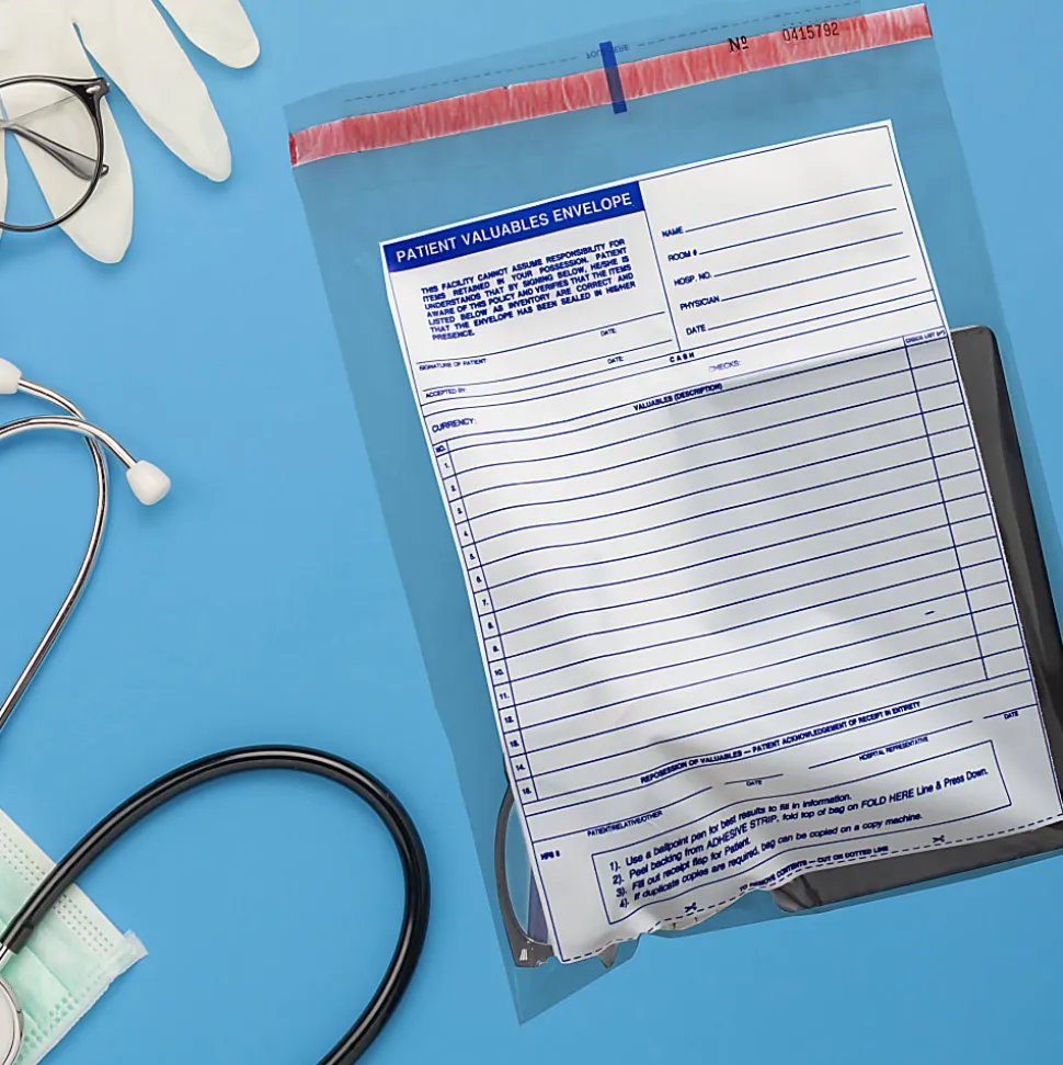 Patient Valuables Form And Plastic Bag, Tamper Evident, Sequentially Numbered, 10" x 13", Pack Of 500 Sets