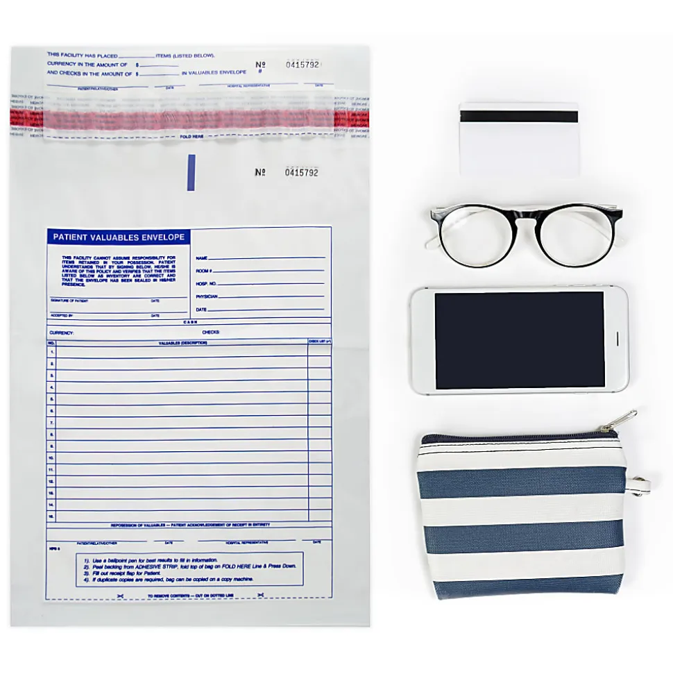 Patient Valuables Form And Plastic Bag, Tamper Evident, Sequentially Numbered, 10" x 13", Pack Of 500 Sets