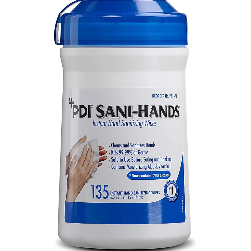PDI Sani Hands Instant Hand Sanitizing Wipes 6" Width x 7.50" Length White 135 Per Tub 1 Each