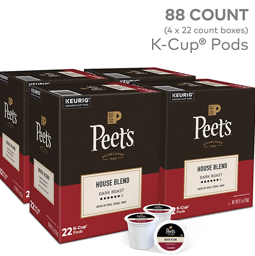 Peet's Coffee House Blend Keurig Single Serve K-Cup Pods, Dark Roast, 88 Count (4 Boxes of 22)