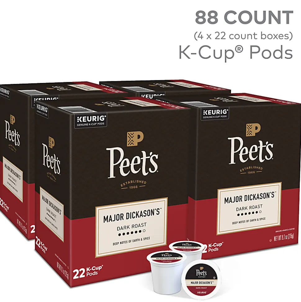Peet's Coffee Major Dickason's Keurig Single Serve K-Cup Pods, Dark Roast, 22 Pods Per Pack, Case Of 4 Packs