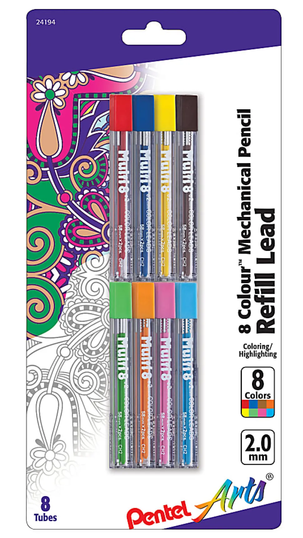 Pentel Arts® Lead Pencil Refills, 2.0 mm, Assorted Colors, Pack Of 8