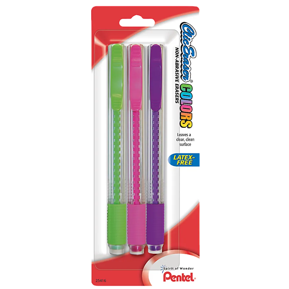 Pentel® Clic Erasers®, Assorted Colors, Pack Of 3