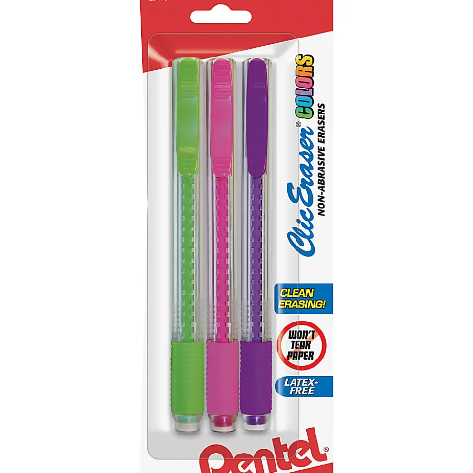 Pentel® Clic Erasers®, Assorted Colors, Pack Of 3