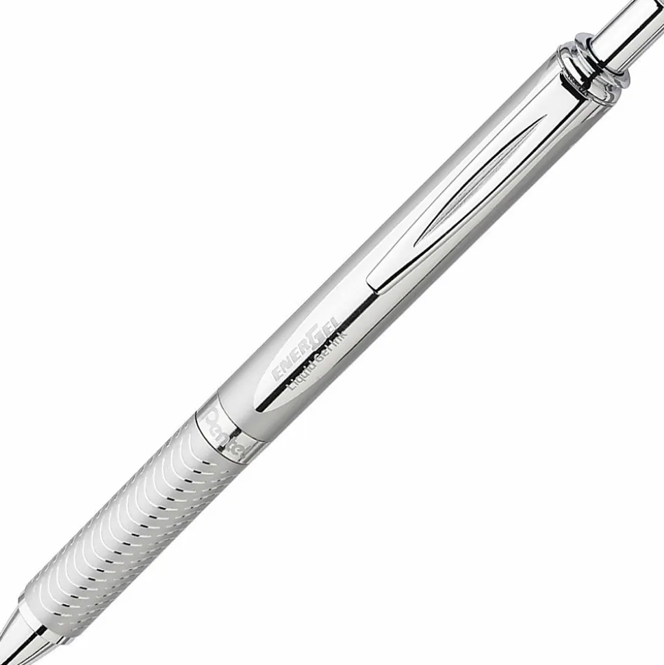 Pentel® EnerGel Alloy Retractable Gel Pens, Medium Point, 0.7 mm, Metallic Silver Barrel, Black Ink