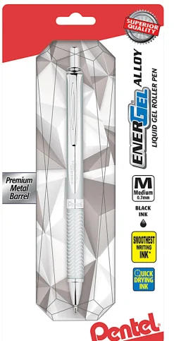 Pentel® EnerGel™ Alloy RT Retractable Gel Ink Pen, Medium Point, Metallic Silver Barrel, Black Ink
