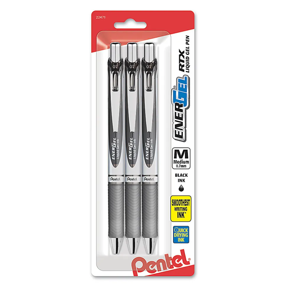 Pentel® Energel® Deluxe RTX Gel Pens, Medium Point, 0.7 mm, Assorted Barrels, Black Ink, Pack Of 3