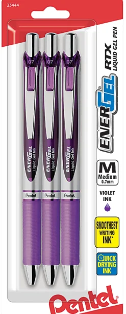 Pentel® EnerGel® Deluxe RTX Gel Pens, Medium Point, 0.7 mm, Assorted Barrels, Violet Ink, Pack Of 3