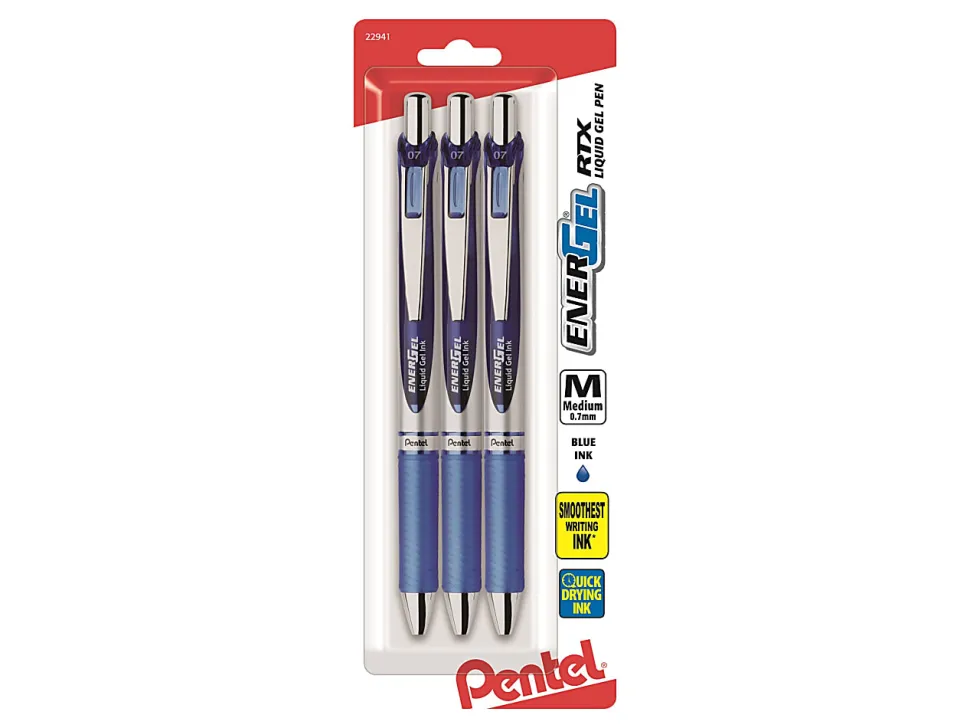 Pentel® Energel® Deluxe RTX Gel Pens, Medium Point, 0.7 mm, Assorted Barrels, Blue Ink, Pack Of 3