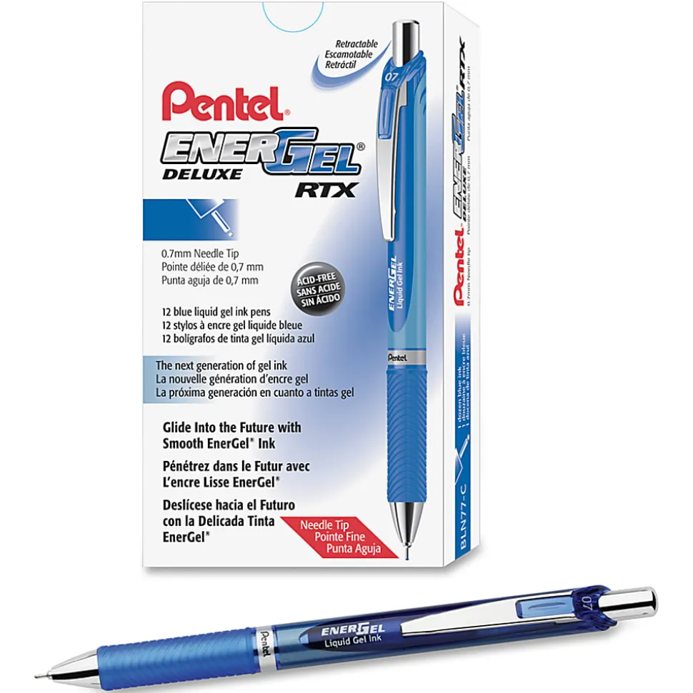 Pentel® EnerGel™ Deluxe RTX Retractable Pens, Needle Point, 0.7 mm, Blue Barrel, Blue Ink, Pack Of 12 Pens