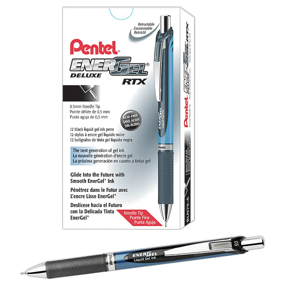 Pentel® EnerGel™ Deluxe RTX Retractable Liquid Gel Pens, Fine Point, 0.5 mm, 54% Recycled, Blue Barrel, Black Ink, Pack Of 12 Pens