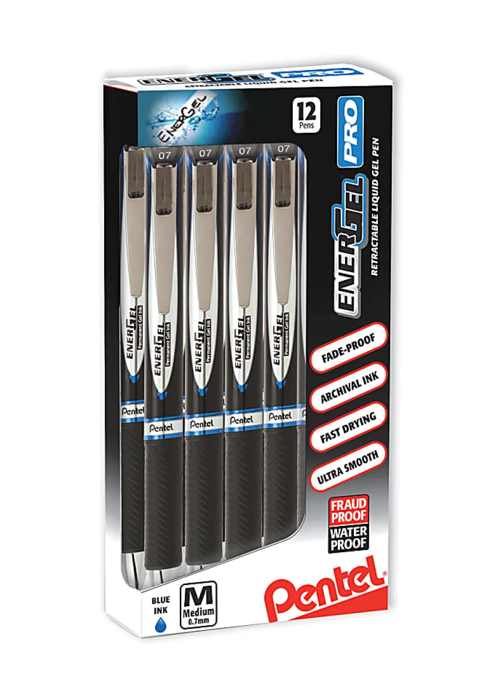 Pentel® EnerGel Pro Rollerball Pens, Medium Point, 0.7 mm, Blue Barrel, Blue Ink, Pack of 12