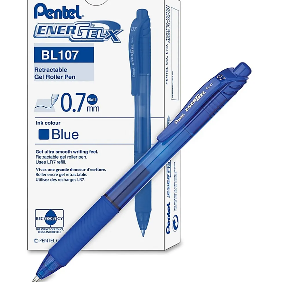 Pentel® EnerGel™ Retractable Gel Pens, Medium, 0.7 mm, 84% Recycled, Blue Barrel, Blue Ink, Pack Of 12 Pens