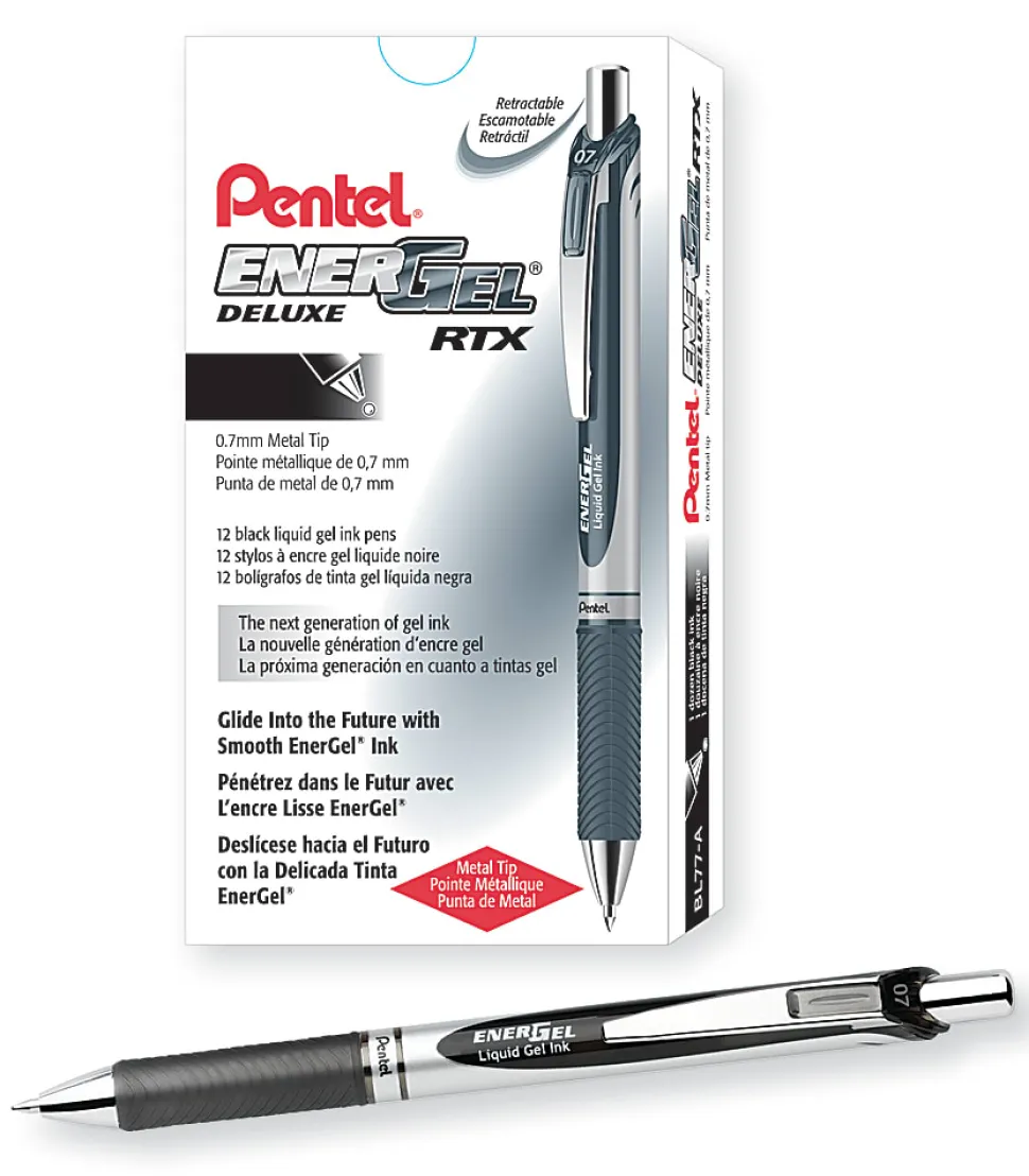 Pentel® EnerGel™ Retractable Liquid Gel Pens, Medium Point, 0.7 mm, Silver Barrel, Black Ink, Pack Of 12