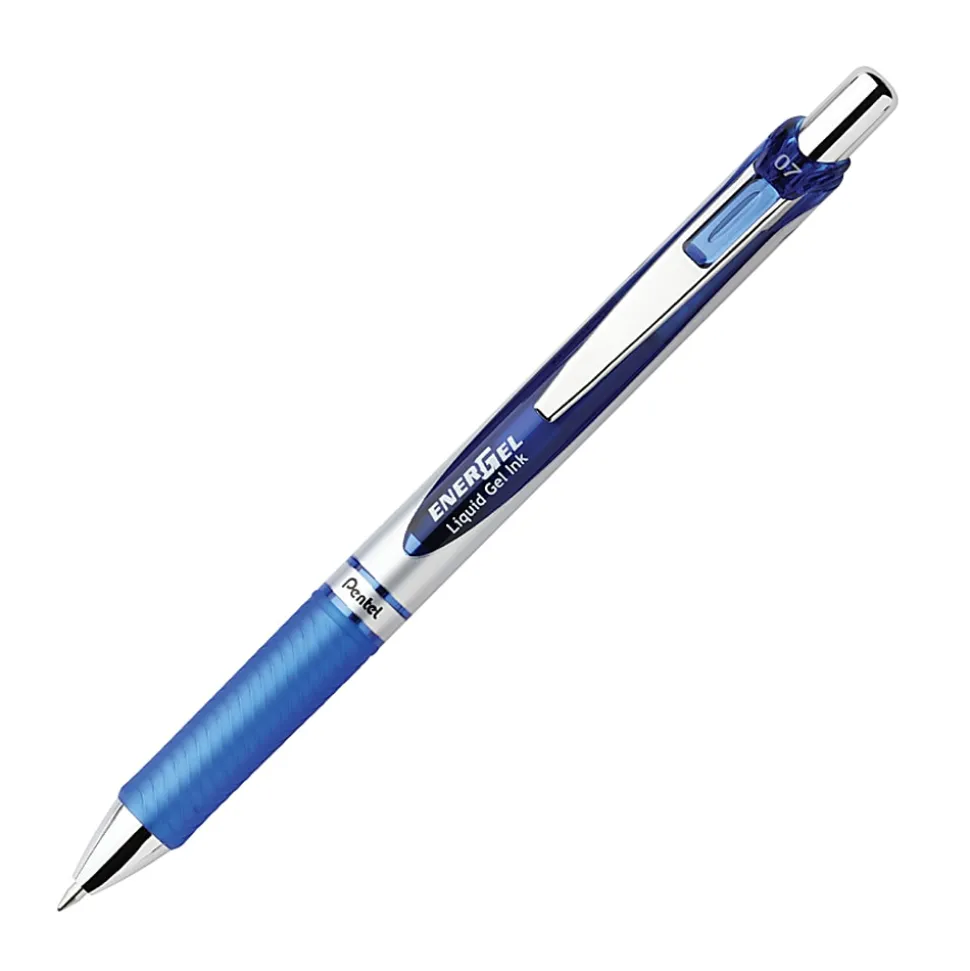 Pentel® EnerGel™ Retractable Liquid Gel Pens, Medium Point, 0.7 mm, Silver Barrel, Blue Ink, Pack Of 12