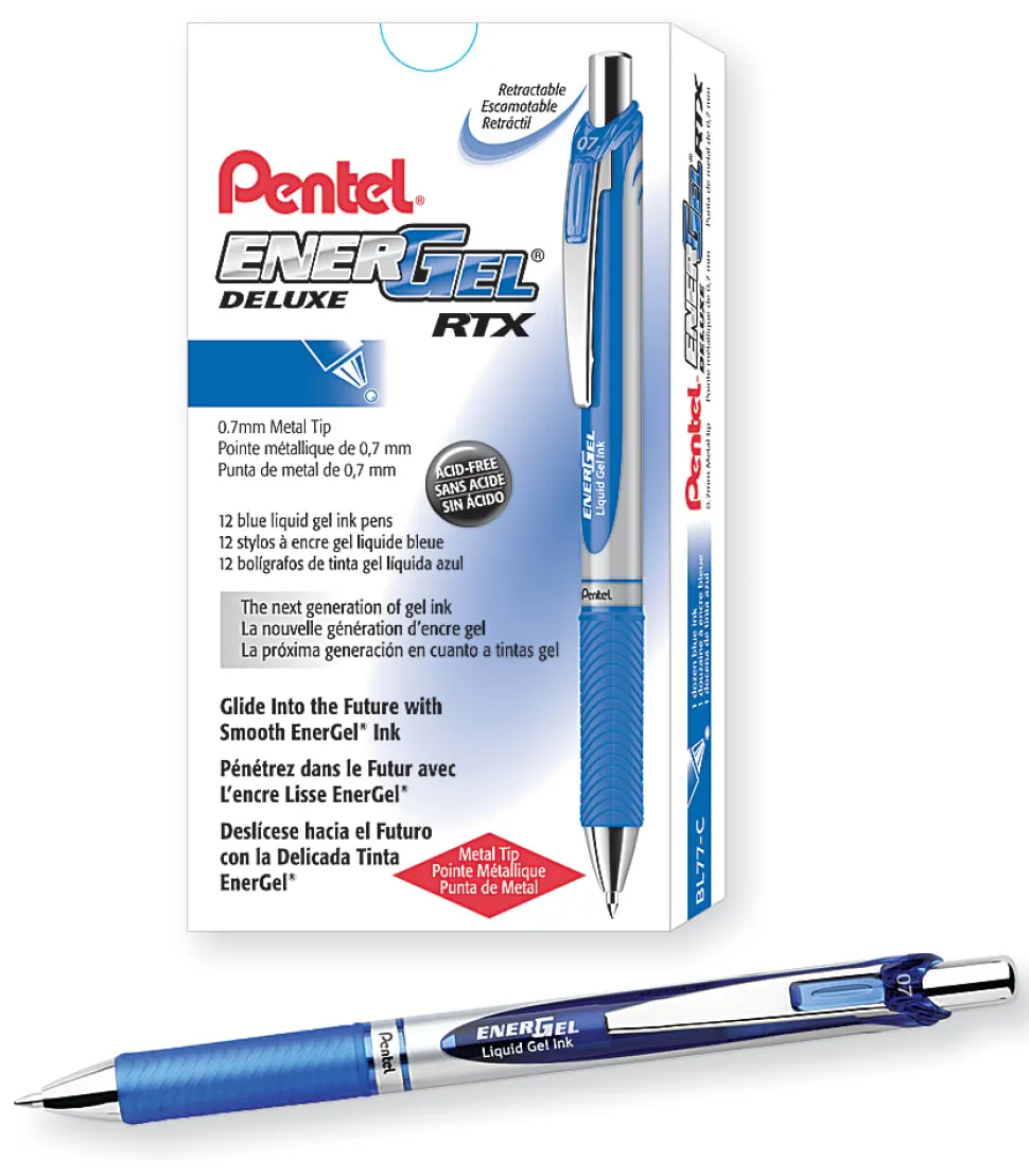 Pentel® EnerGel™ Retractable Liquid Gel Pens, Medium Point, 0.7 mm, Silver Barrel, Blue Ink, Pack Of 12