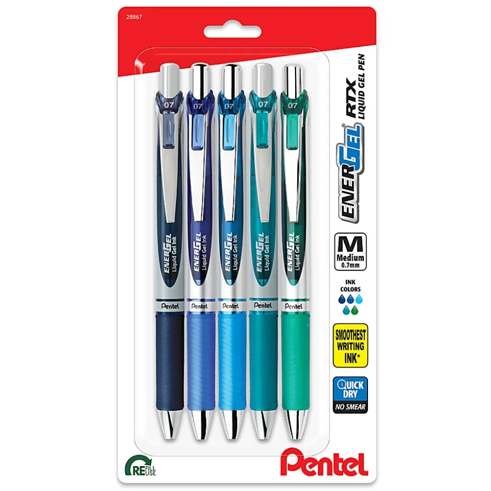 Pentel® EnerGel™ RTX Chill Hue Pens, Medium Point, 0.7 mm, Assorted, Pack Of 5 Pens